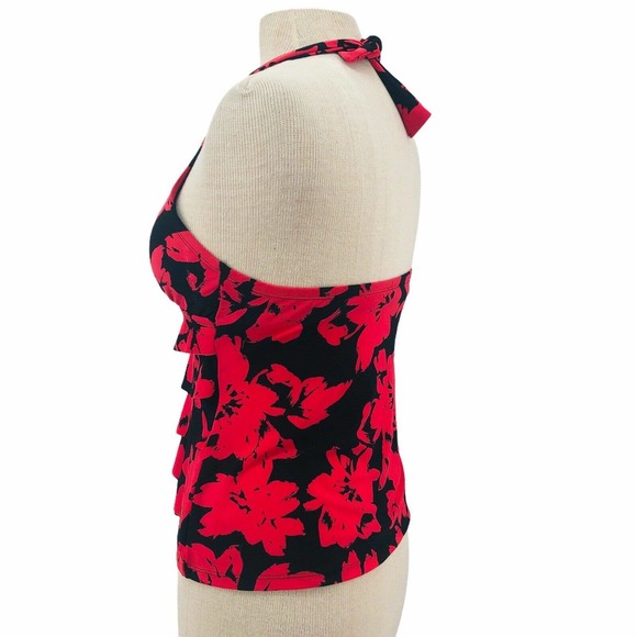 Aqua Green NEW Red Black Tiered Ruffle Front Halter Tankini Swim Top Size Small - Picture 8 of 9